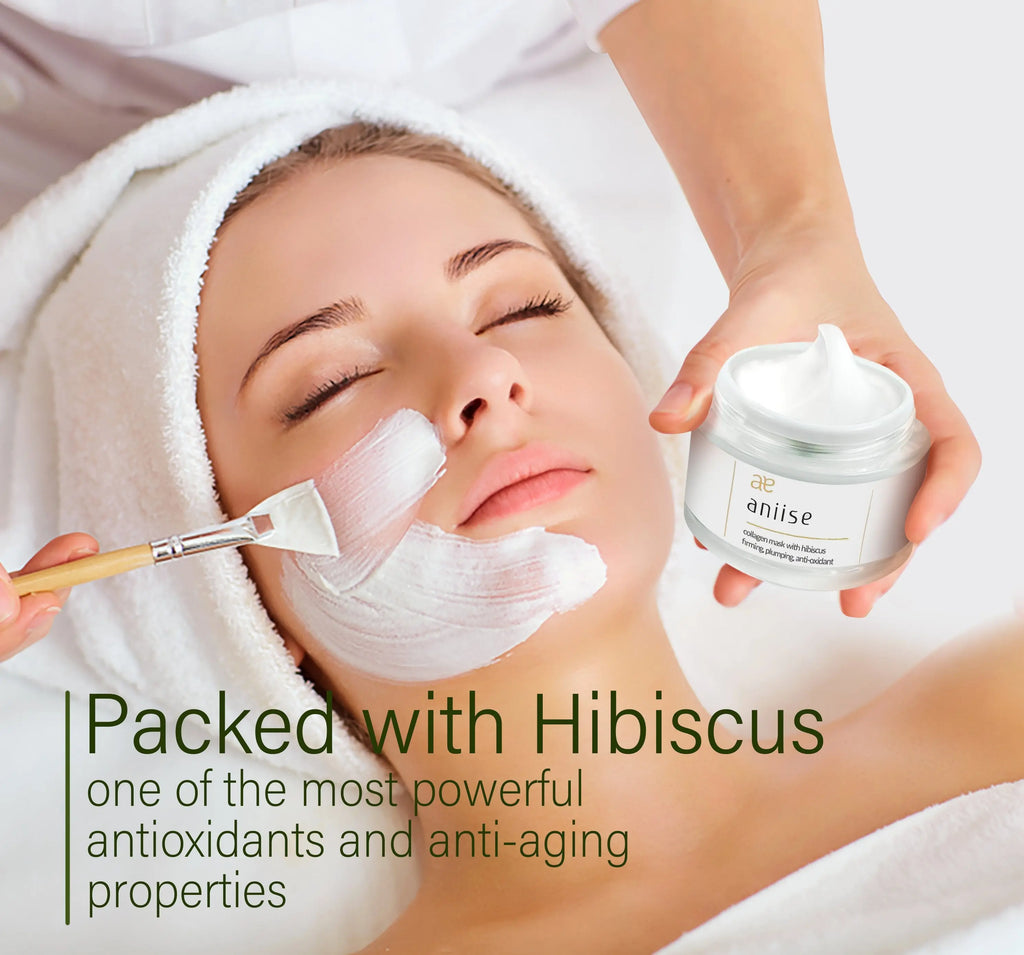 Woman applying collagen facial mask with hibiscus using a small tool and jar