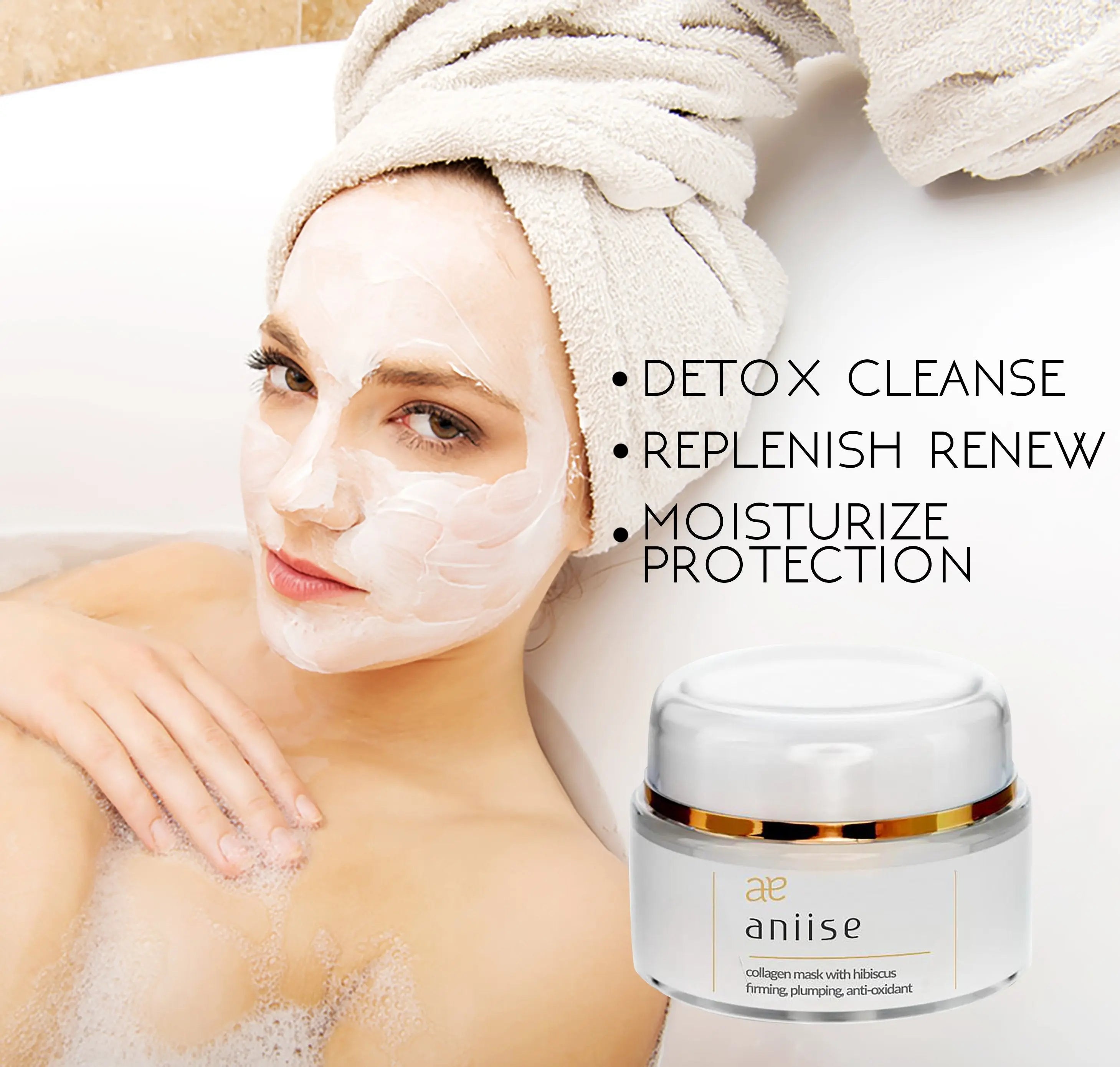 Collagen facial mask with hibiscus jar beside woman wearing a face sheet mask