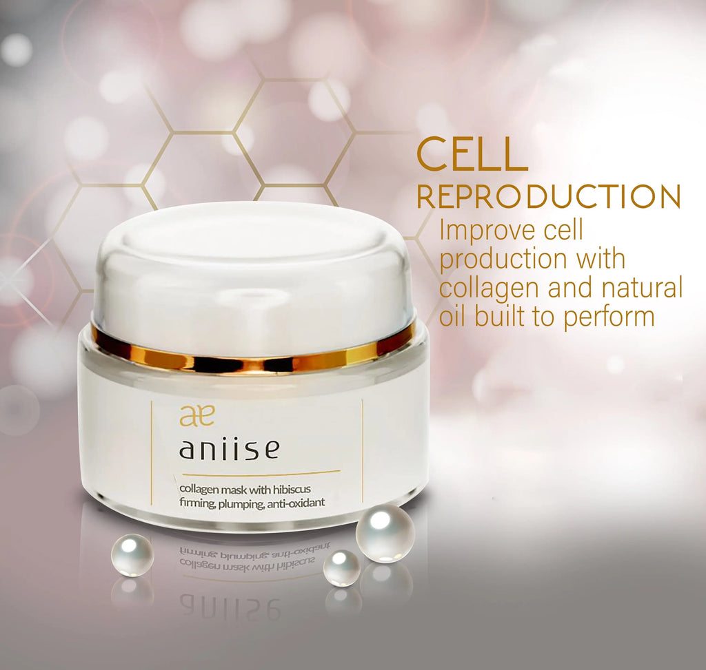 Collagen facial mask jar with hibiscus, white jar with gold-striped lid