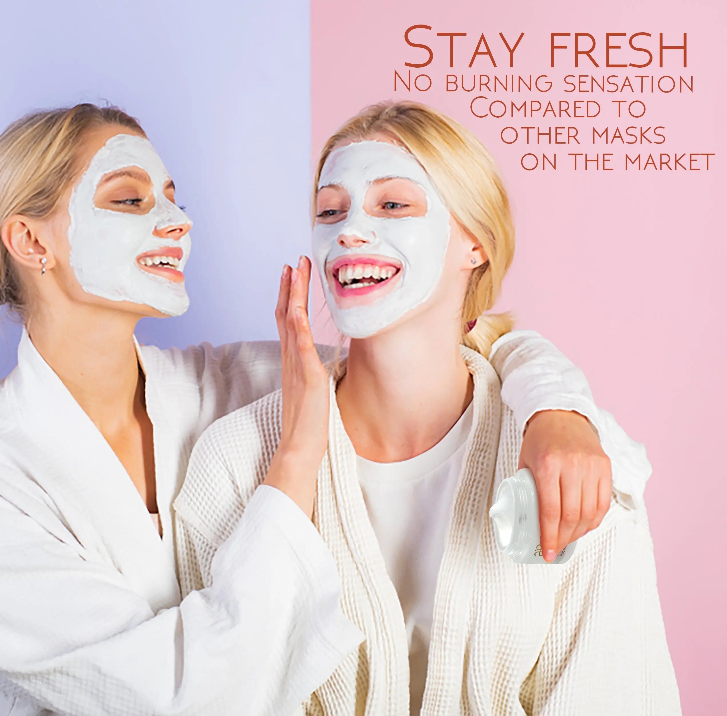 Two women with face masks; jar of collagen facial mask with hibiscus in hand