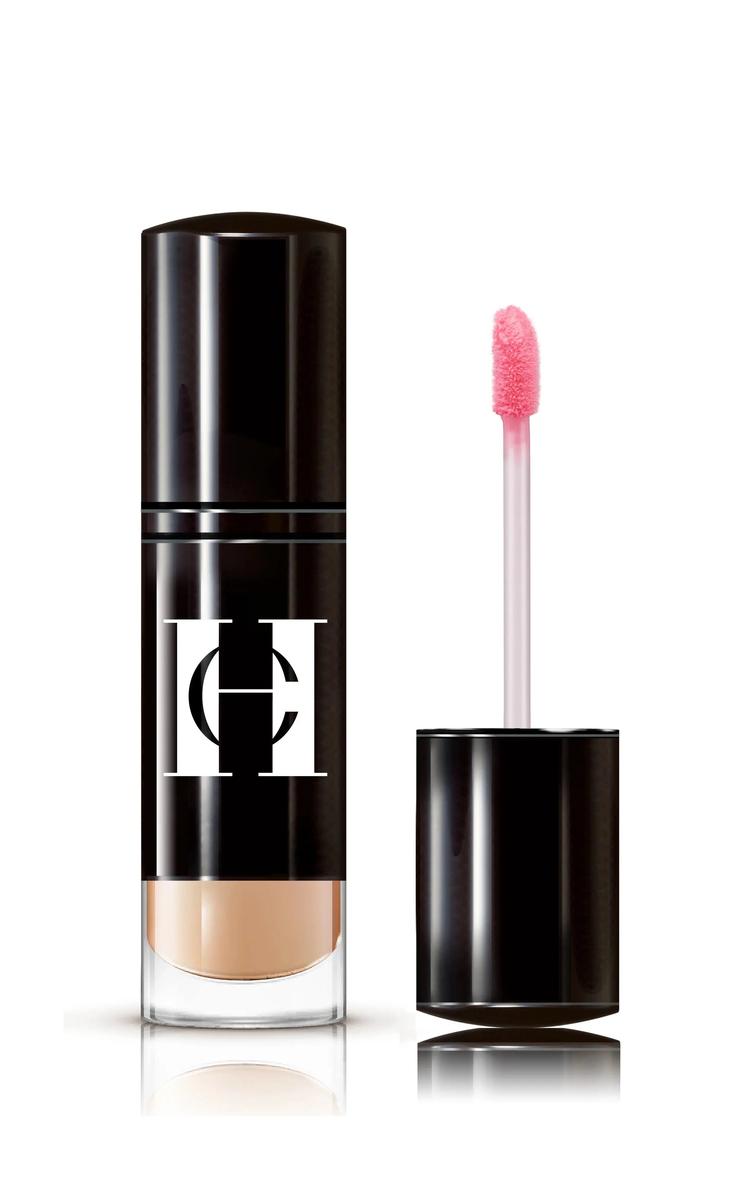 Vanilla + Vitamin E lipgloss, black tube and pink applicator with nude-gloss