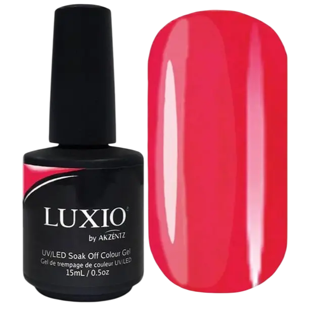 Luxio Passion UV/LED Gel, red nail polish bottle and glossy swatch