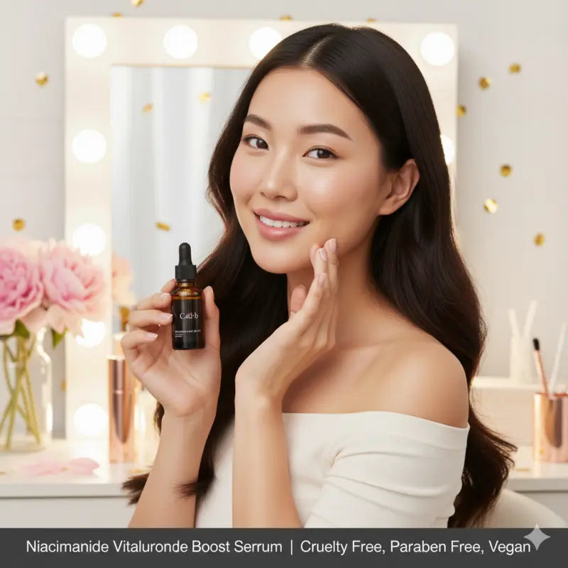 Niacinamide Vitamin Boost Serum held by a woman, black dropper bottle