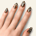 Leopard print nails with almond shape tips, black and tan spots with orange accents