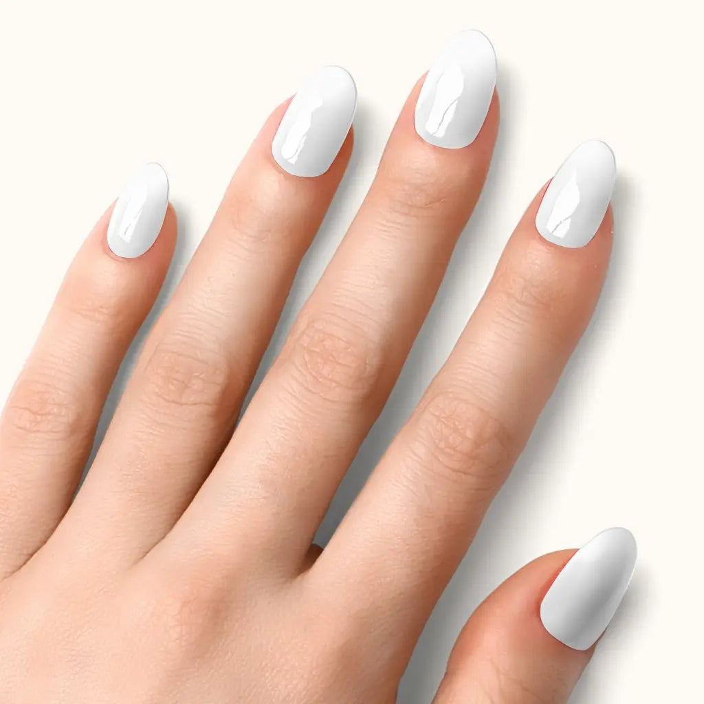 White gel nail strips manicure: glossy oval nails on fingers