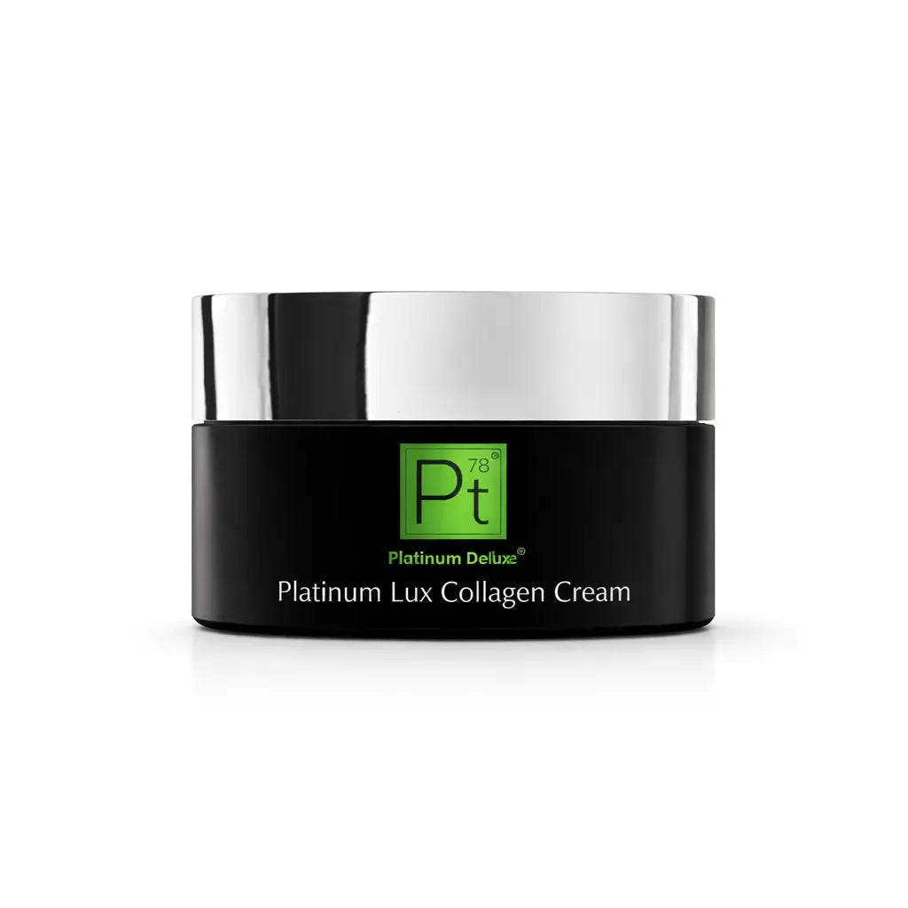 Platinum Lux Collagen Cream black jar with silver top, front label visible