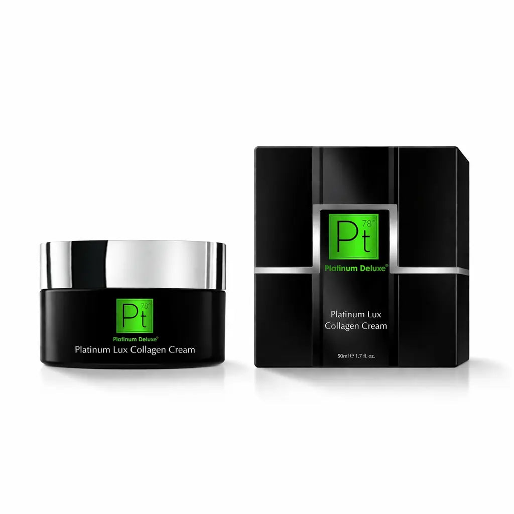 Platinum Lux Collagen Cream set: black jar with silver lid and matching box