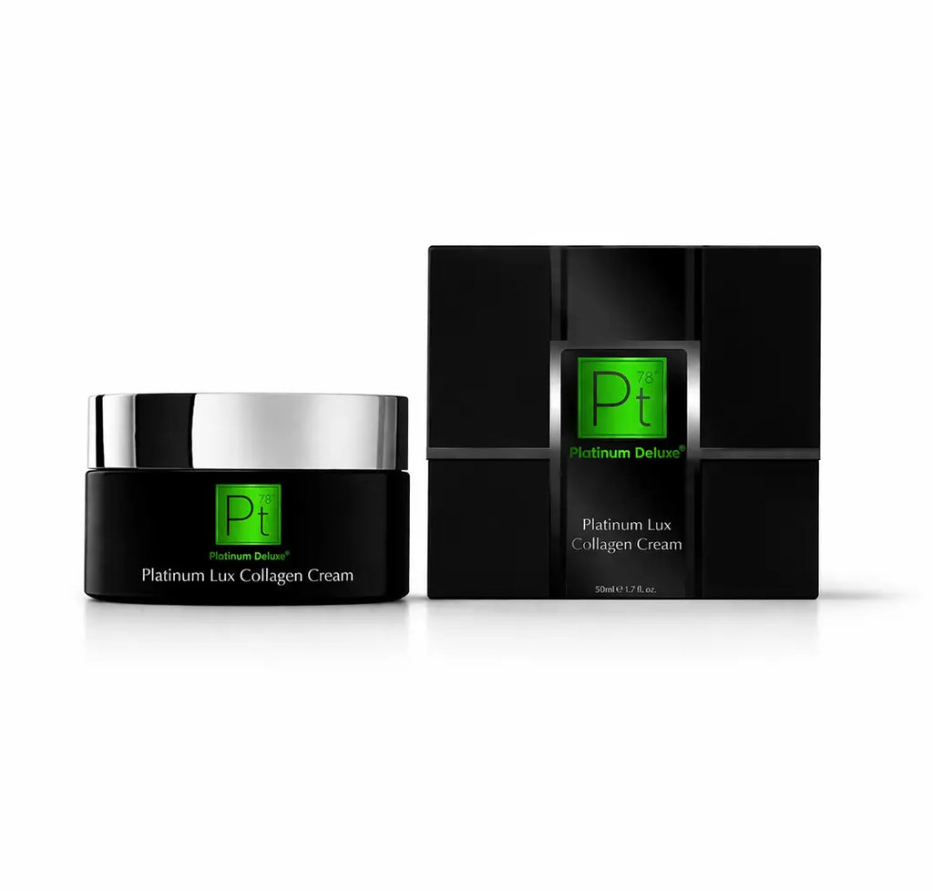Platinum Lux Collagen Cream black jar with silver lid beside product box