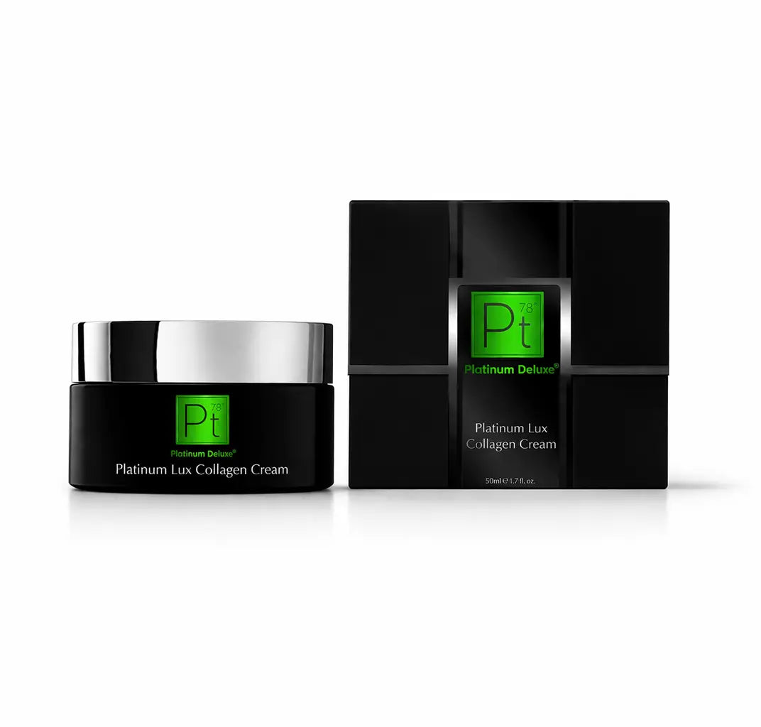 Platinum Lux Collagen Cream black jar with silver lid beside product box