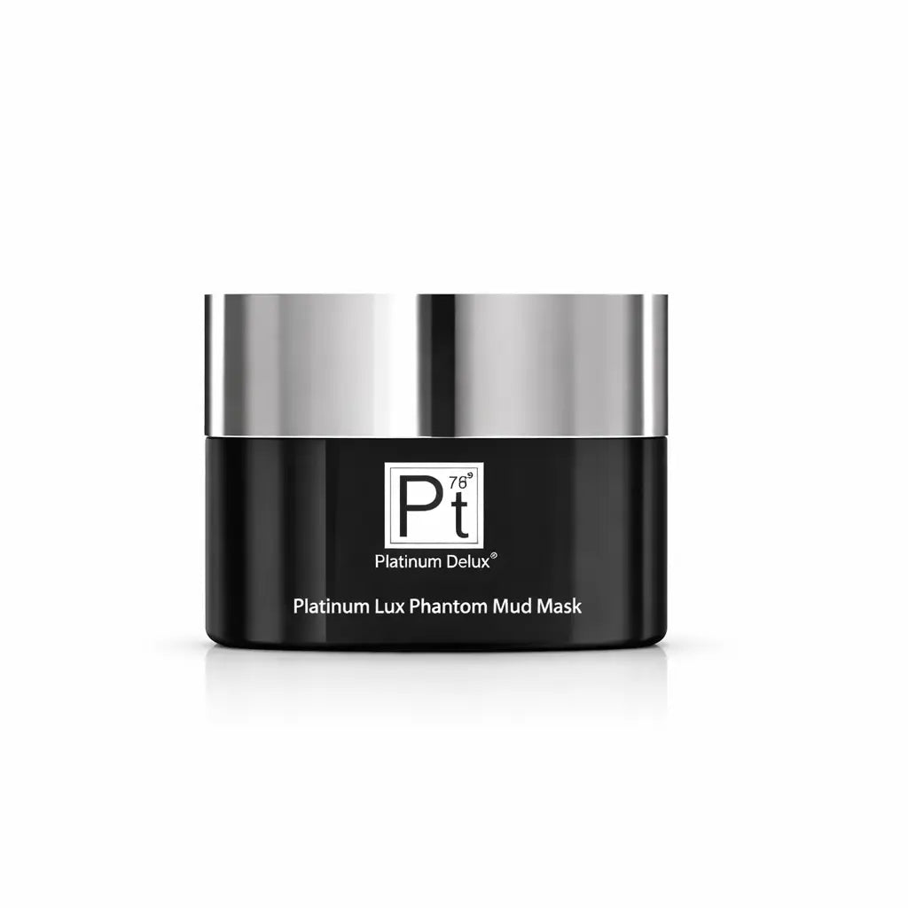 Platinum Lux Phantom Mud Mask jar front view, black base and silver top