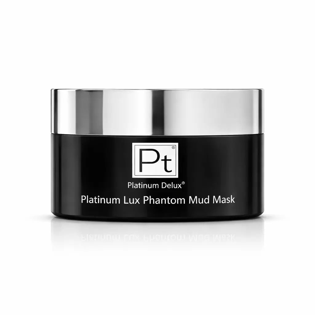 Platinum Lux Phantom Mud Mask jar with silver lid, black container