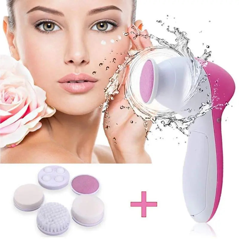 5‑in‑1 Gesichtsreinigungsbürste: pink‑weißer Griff mit 5 Aufsätzen