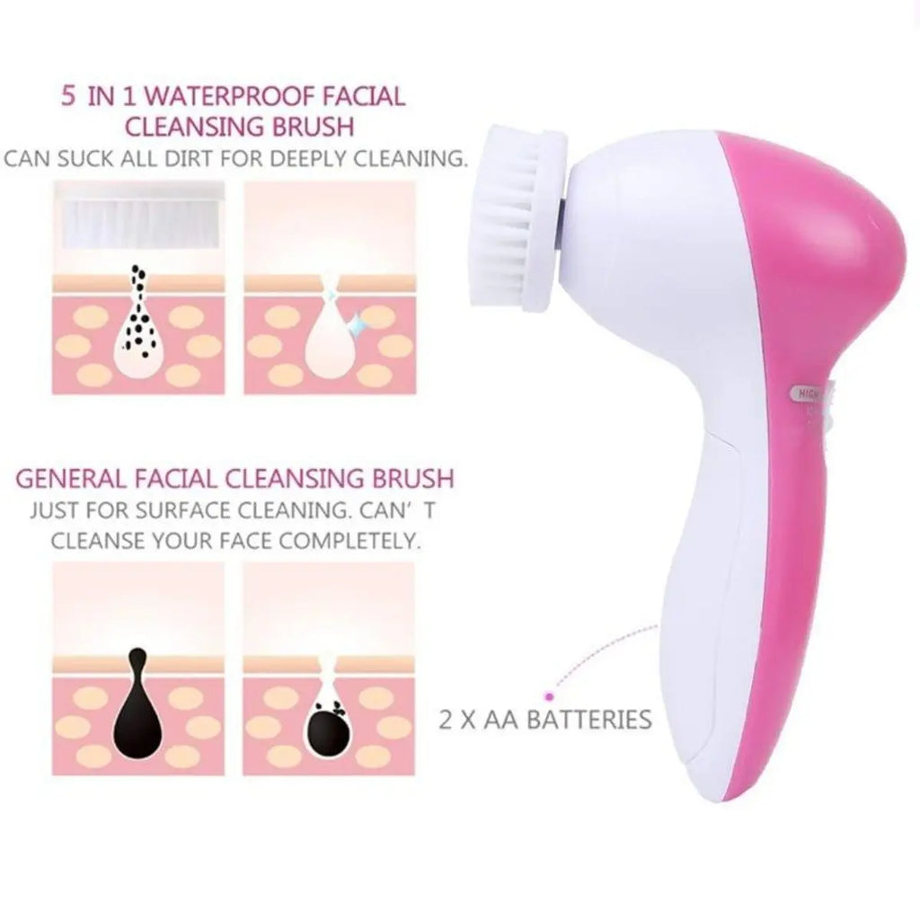 5‑in‑1 wasserfeste Gesichtsreinigungsbürste, pink/weiß, wechselbarer Kopf
