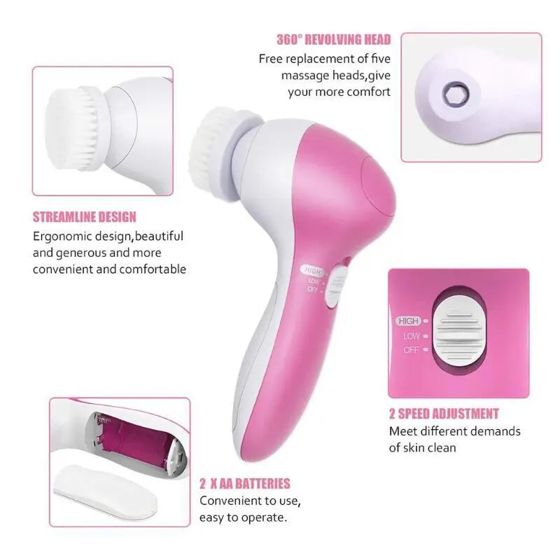 Handheld face cleansing and massage brush with soft bristle head, pink and white