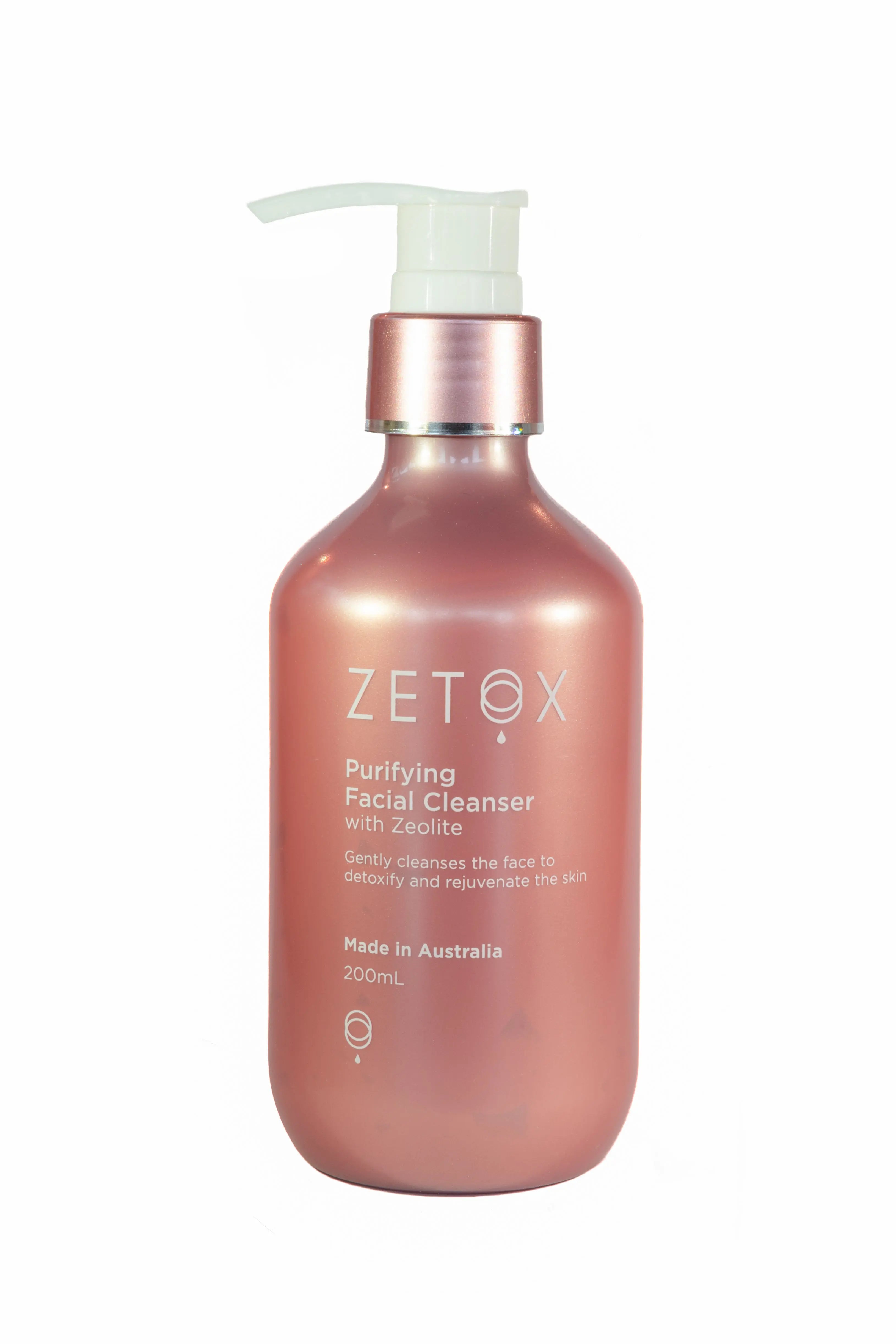 Zetox Purifying Facial Cleanser bottle with white pump, copper-toned, 200 ml