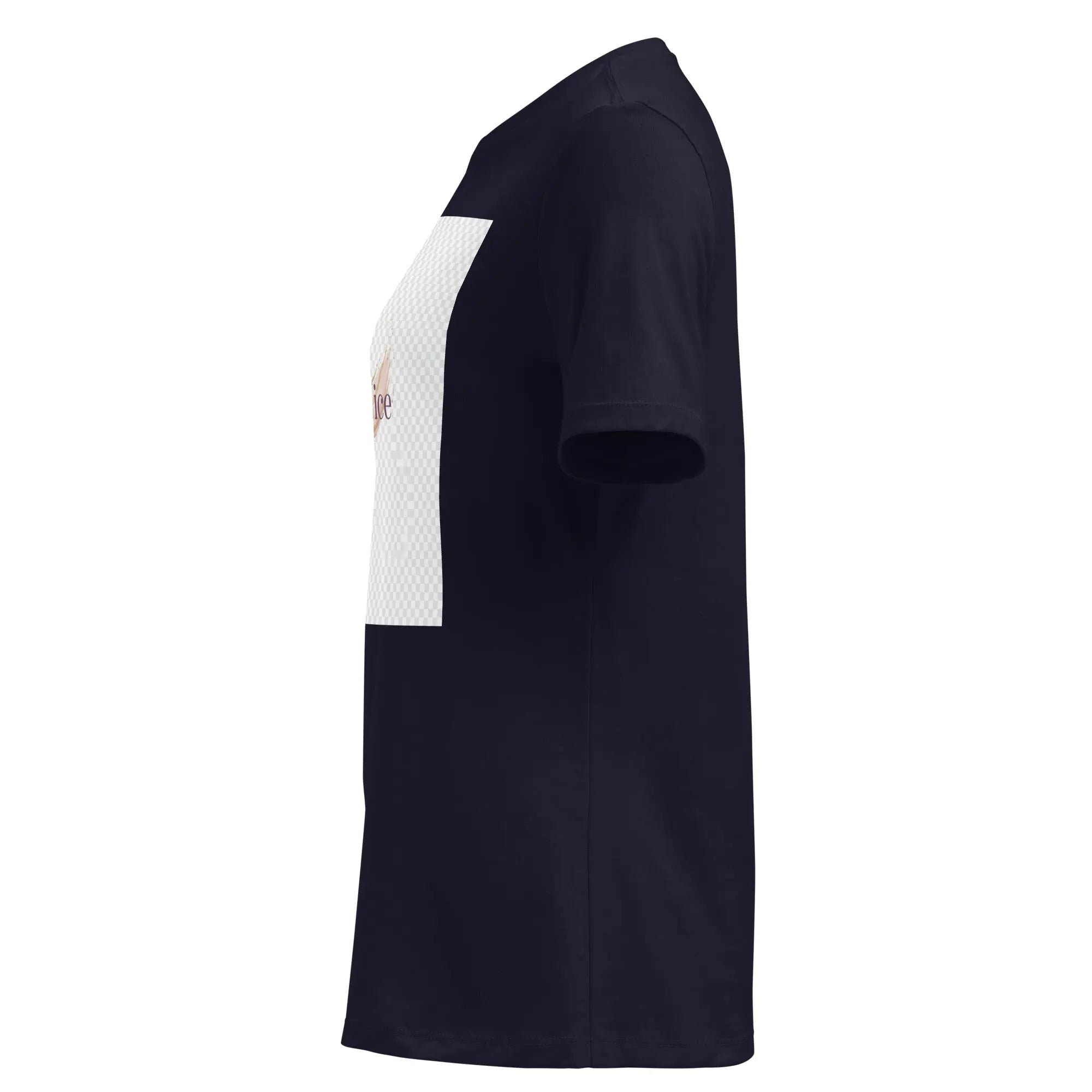 Women's relaxed T-shirt, navy, side view, short sleeves, logo panel