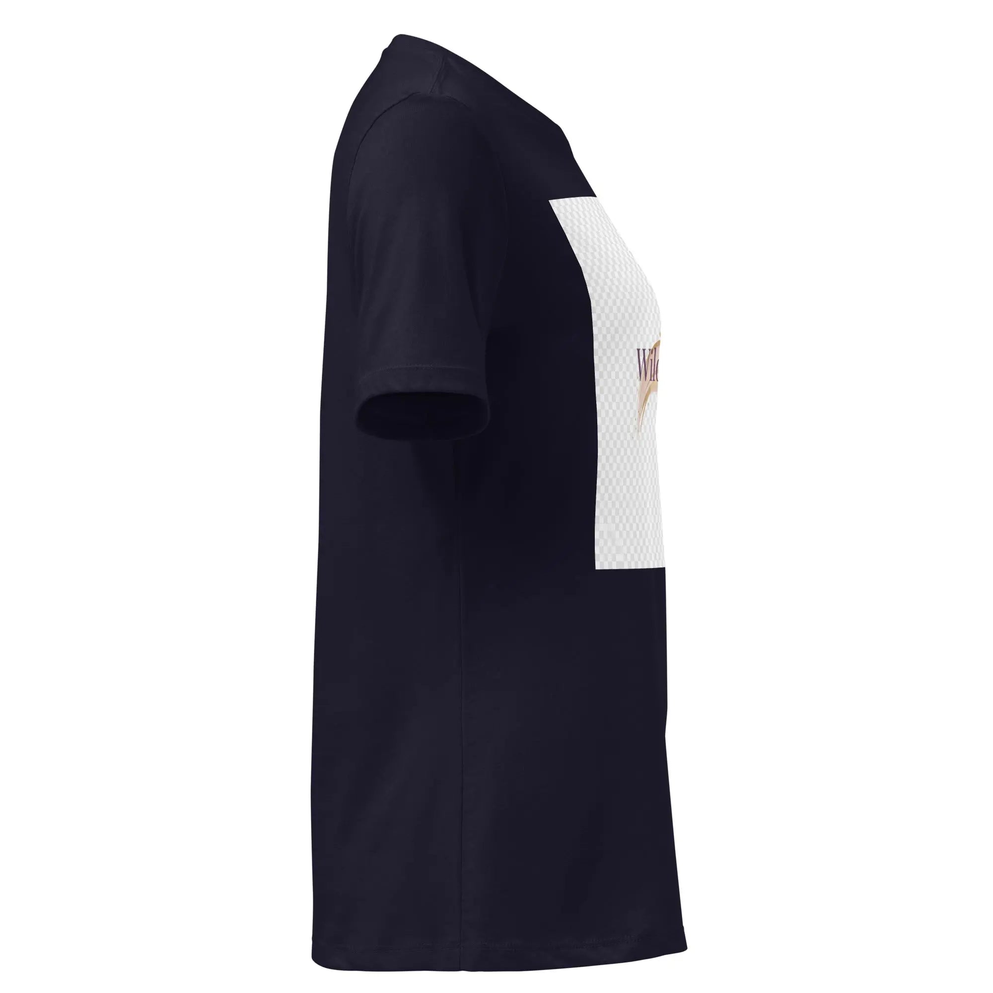 Women's relaxed T-shirt, navy, angled side view, short sleeves, logo panel