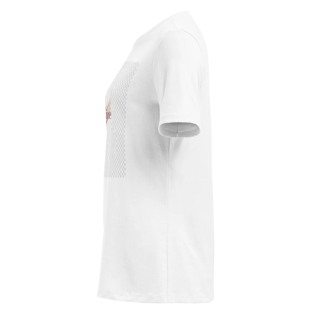 Women's relaxed T-shirt, white, side view, short sleeves, partial logo