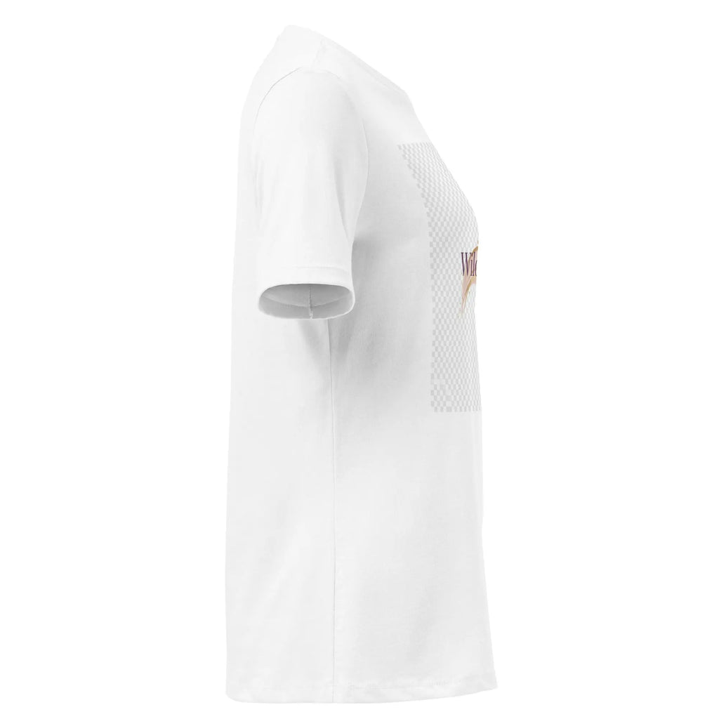 Women's relaxed T-shirt, white, angled side view, short sleeves, partial logo